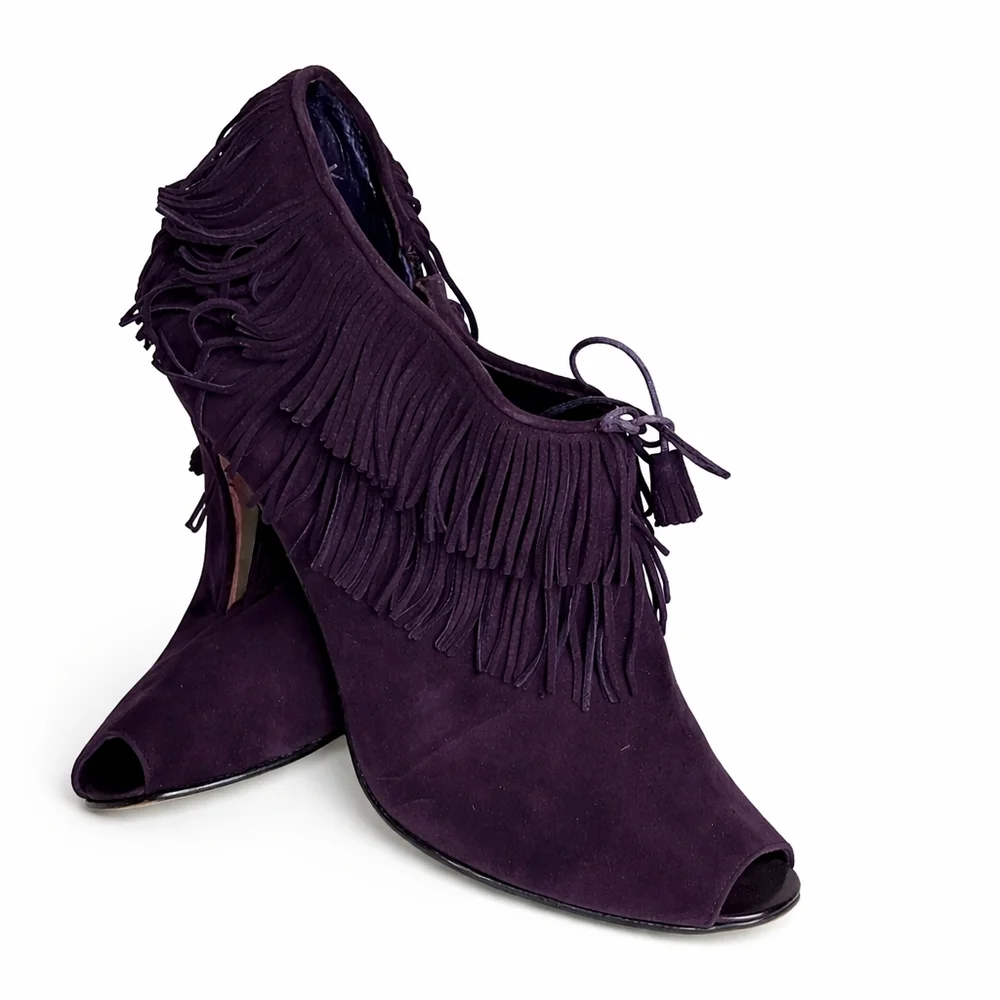 Manolo Blahnik Purple Suede Fringe Peep Toe Booties Tassel Stiletto Heels 40.5 - Picture 4 of 16